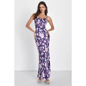 Lulus Botanical Beauty Purple Floral Print Satin Bustier Maxi Dress - Size M